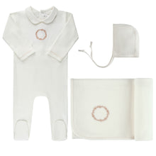 Load image into Gallery viewer, Ely&#39;s and Co Jersey Cotton Gold/Ivory Embroidered Wreath Layette Set Gift Box
