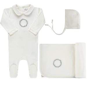 Ely's and Co Jersey Cotton Silver/Ivory Embroidered Wreath Layette Set Gift Box